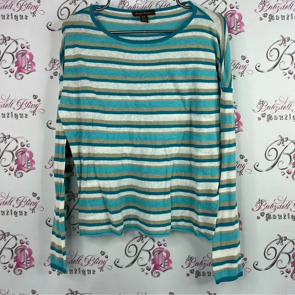 Tommy Bahama shirt long sleeves stripes Teal and Beige Striped Top